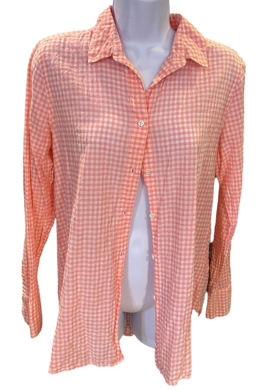 J. CREW Peach and White Gingham Long Sleeve Button Up Coastal Cowgirl Women's 8